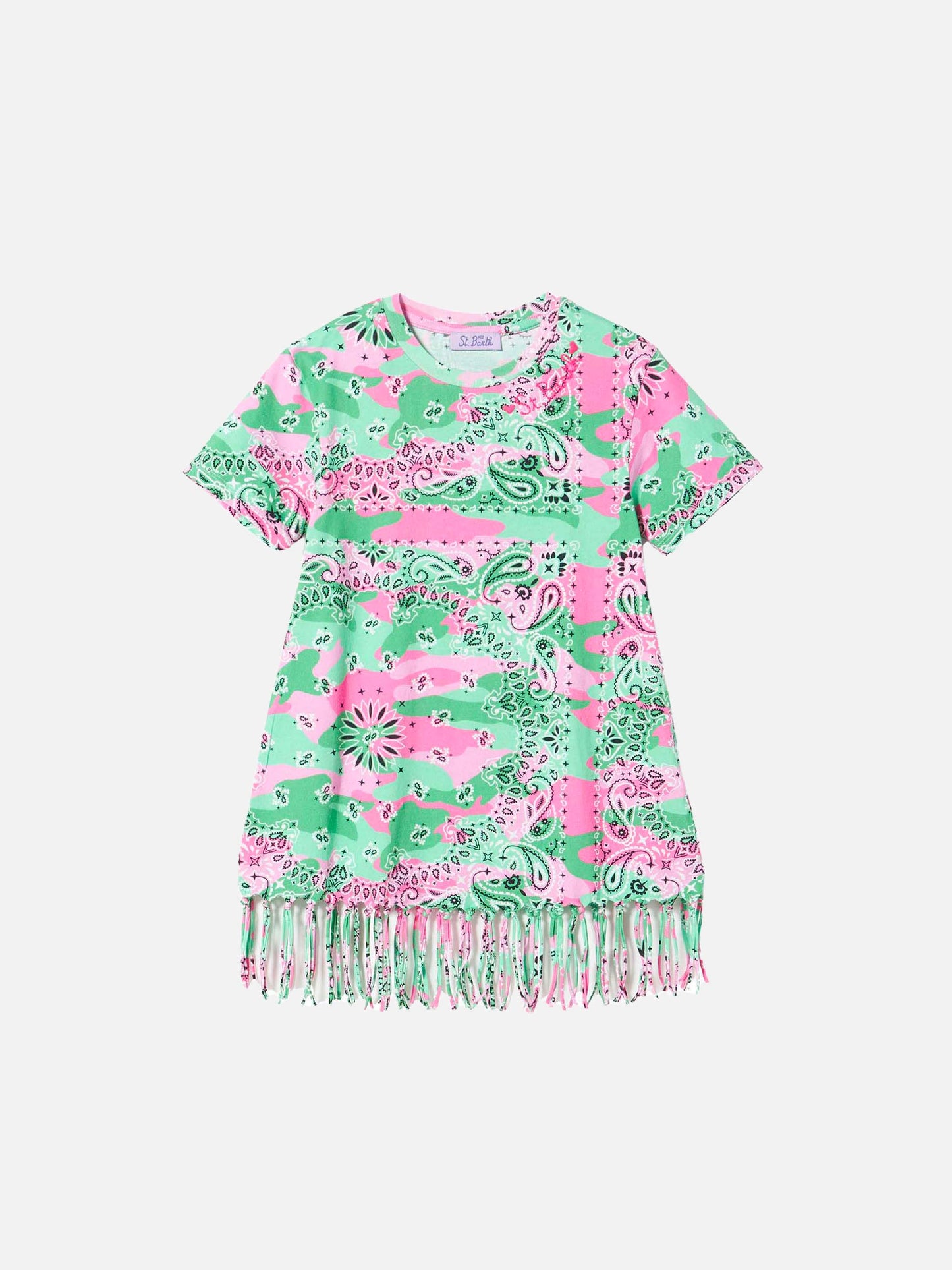 Girl mimetic cotton dress with fringes
