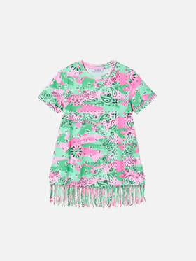 Girl mimetic cotton dress with fringes
