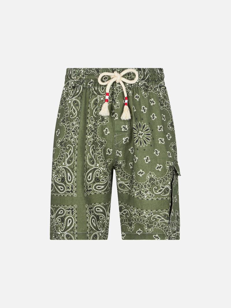 Man linen bermuda shorts with military green bandanna print