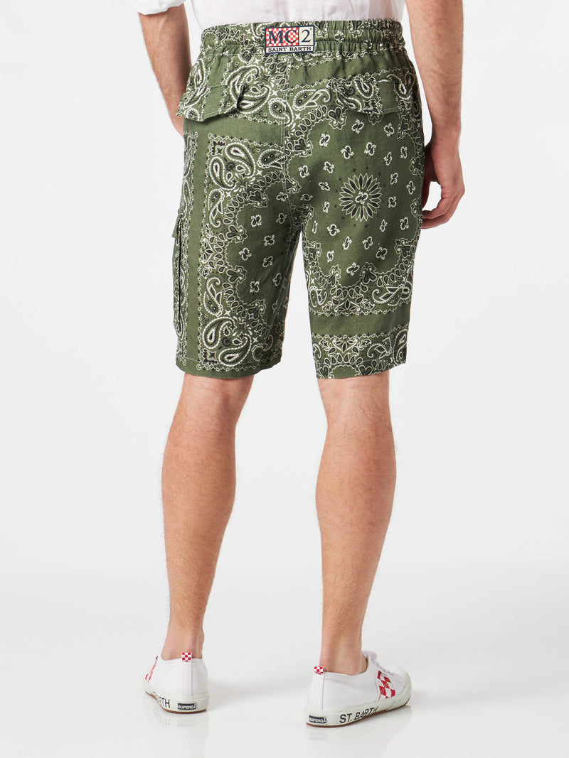 Man linen bermuda shorts with military green bandanna print