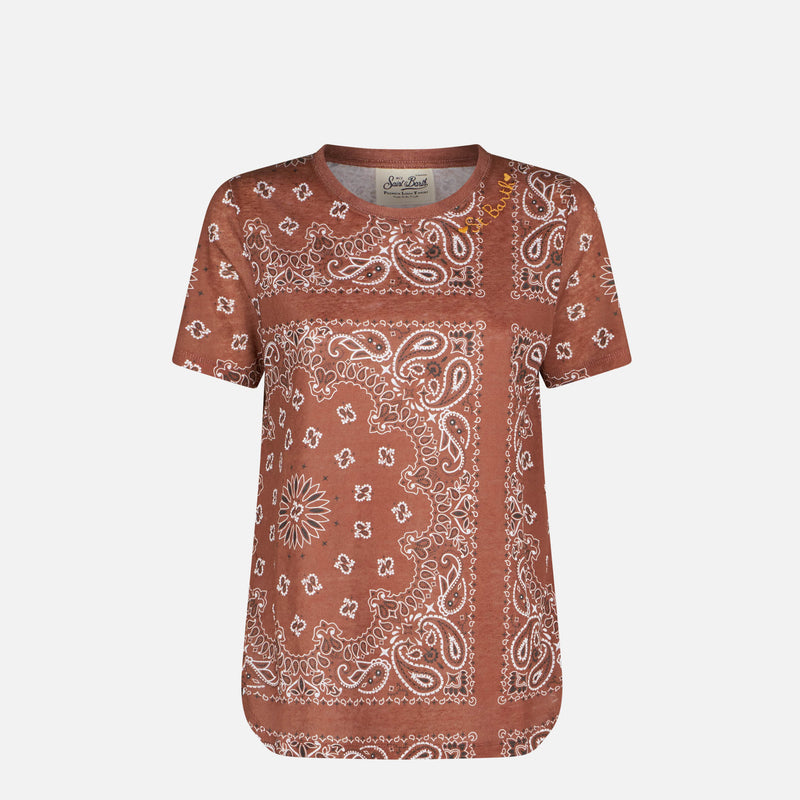 Woman linen t-shirt with bandanna print