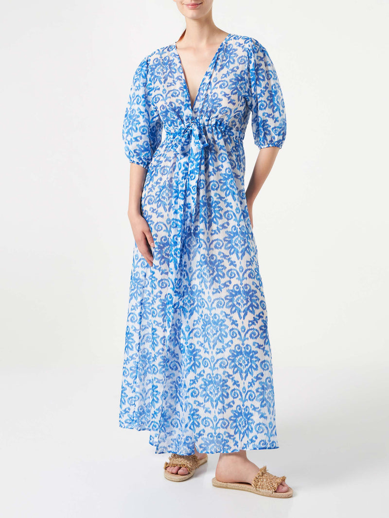 Cotton and silk long beach dress Bliss with ikat print