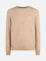 Maglia da uomo beige in lana stretch con ricamo St. Barth