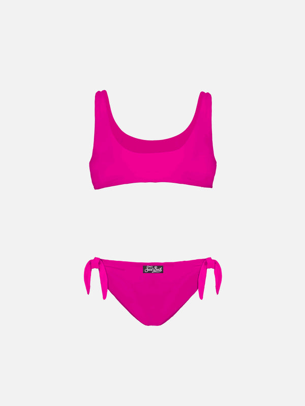 Bralette-Bikini für Mädchen in Fuchsia mit Pailletten und silbernem Logo