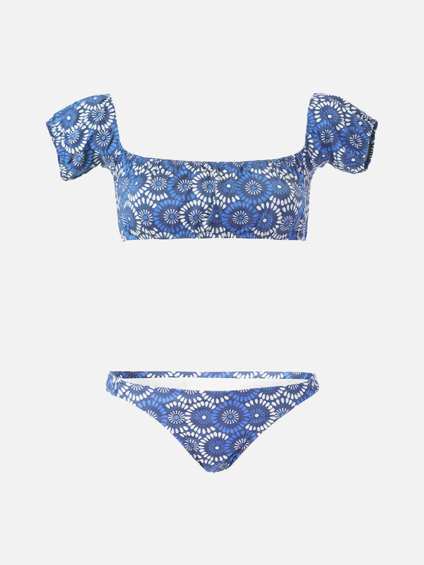 Bandeau-Bikini aus Denim mit Blumenmuster