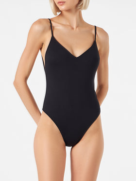 Woman black one piece swimsuit
