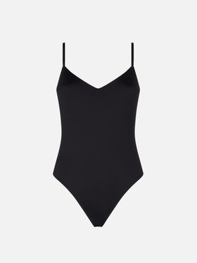 Woman black one piece swimsuit