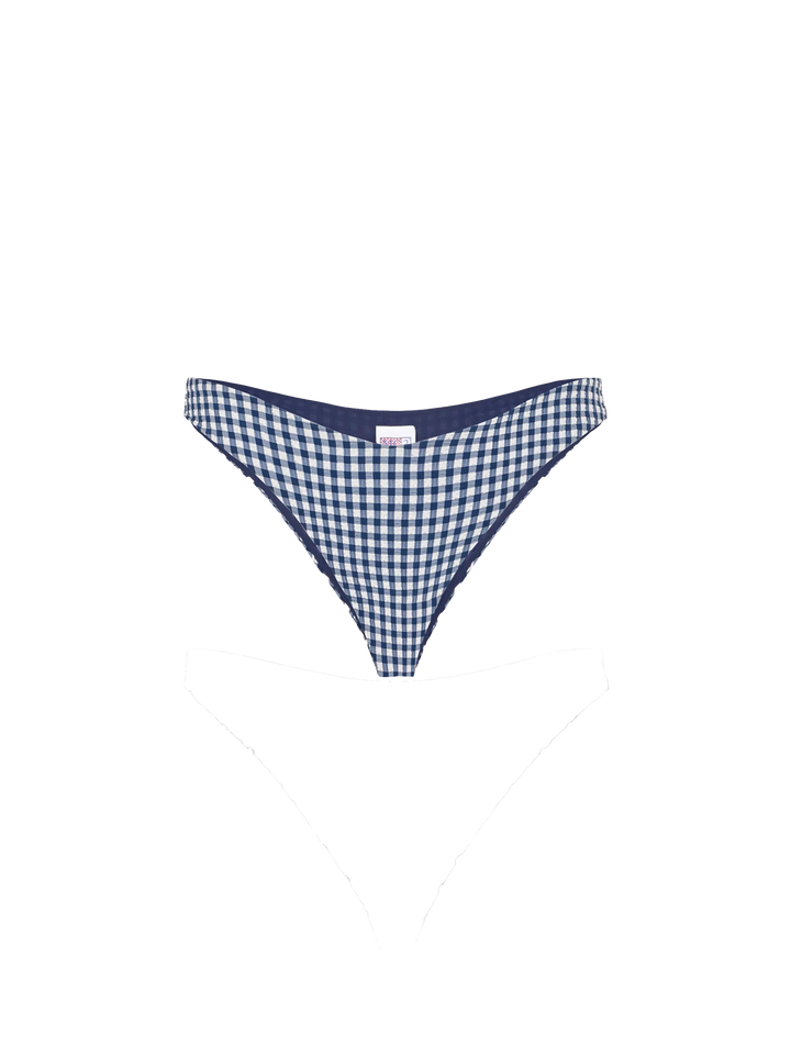 Woman triangle bikini with blue gingham print