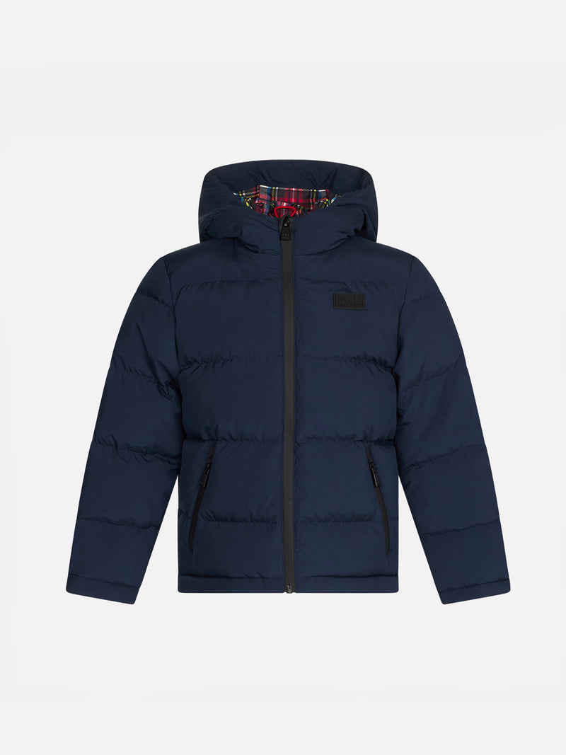 Kid hooded down padded jacket tartan lining