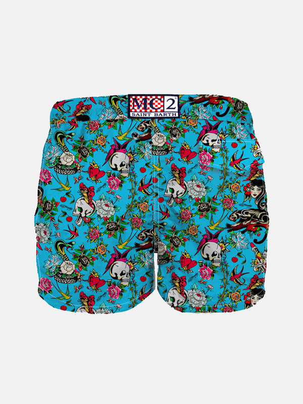 Jungen-Badeshorts aus leichtem Stoff mit Tattoo-Print