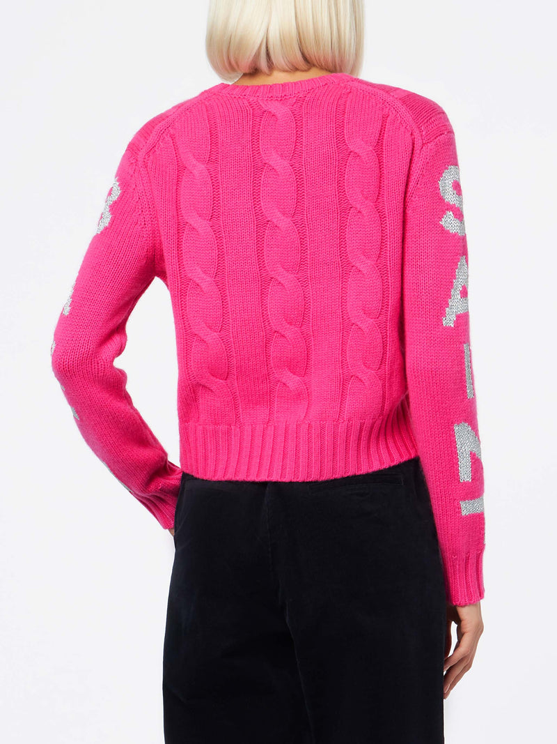 Woman crewneck braided sweater with Saint Barth lurex jacquard