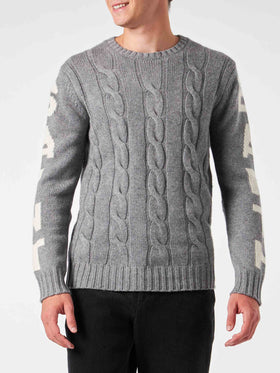 Maglione da uomo grigio intrecciato girocollo pesante