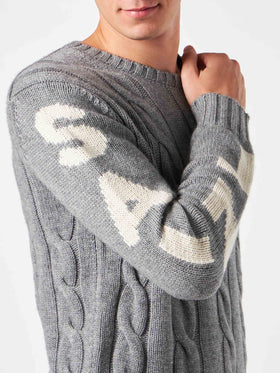 Maglione da uomo grigio intrecciato girocollo pesante