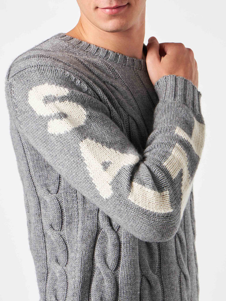 Maglione da uomo grigio intrecciato girocollo pesante