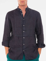 Blue navy man linen shirt korean collar