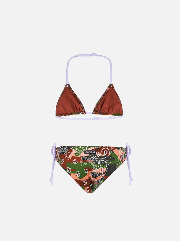 Bikini da bambina a triangolo con stampa bandana mimetica