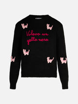 Woman crewneck soft sweater with cats crochet patch and Volevo un Gatto Nero embroidery