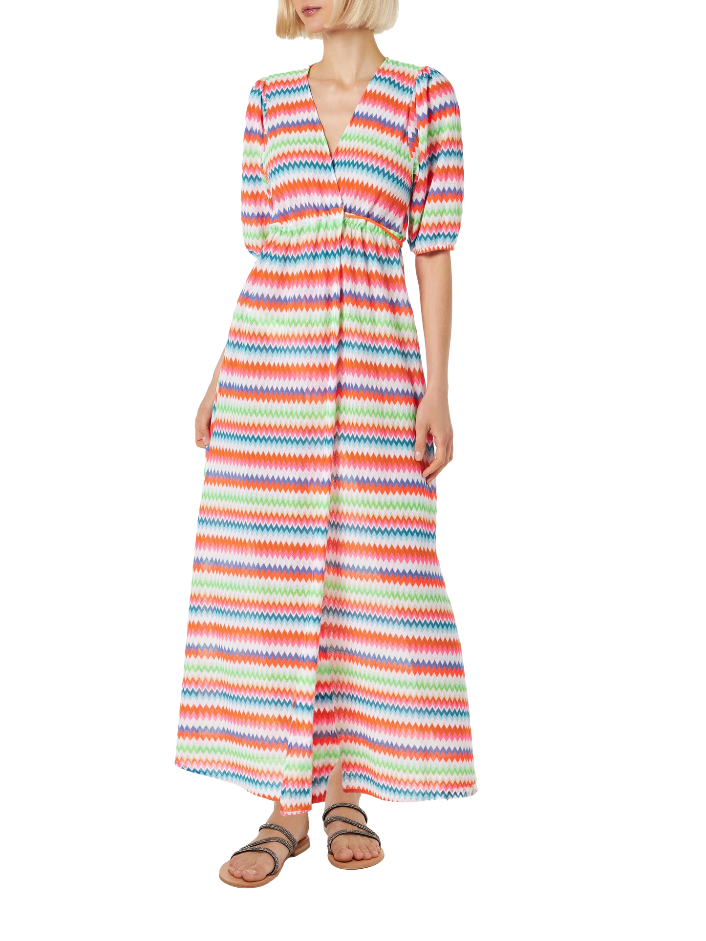 Chevron raschel knit long beach dress Bliss with striped pattern