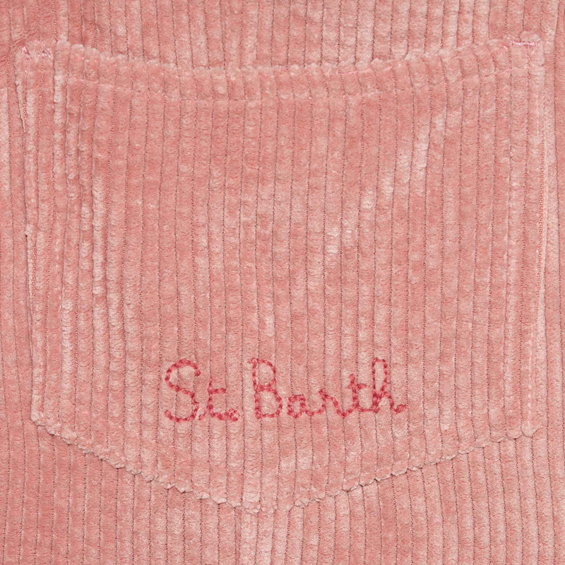 Salopette da bambina in velluto a coste rosa con ricamo St. Barth