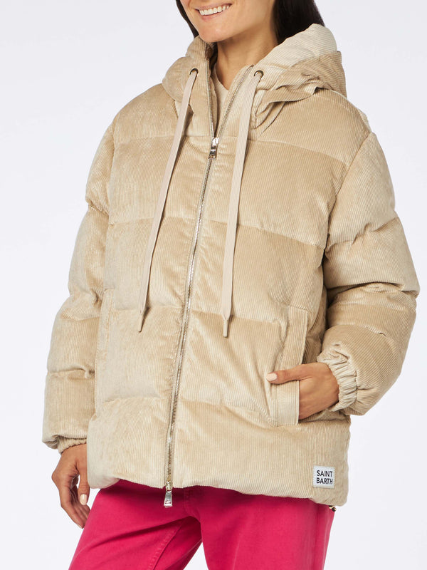 Beigefarbene Damen-Daunenjacke aus Cord mit Kapuze