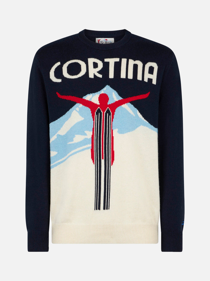 Man crewneck sweater with Cortina postcard jacquard print