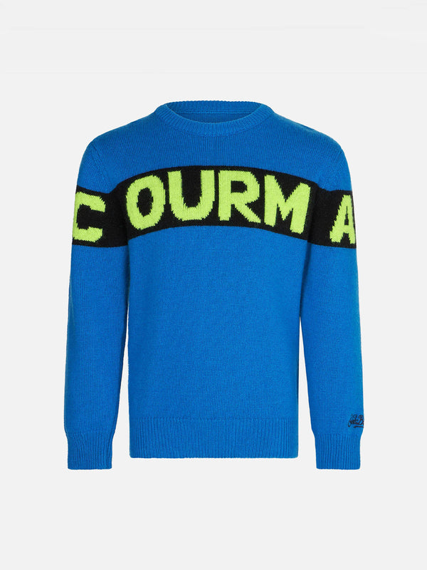 Boy blue sweater with Courma lettering