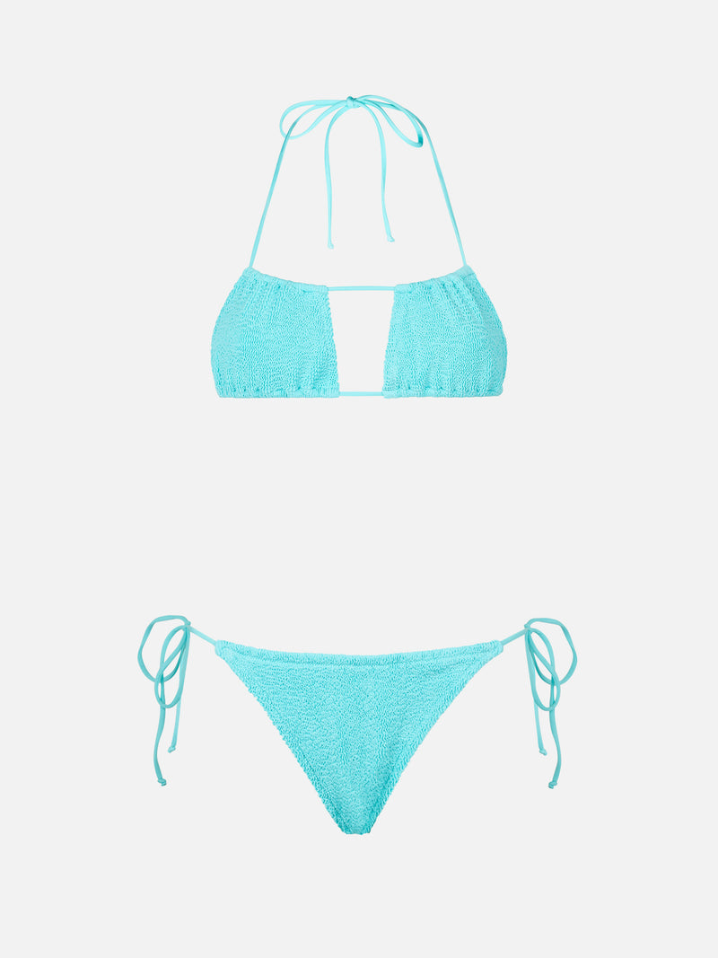 Bikini da donna a fascia verde acqua crinkle