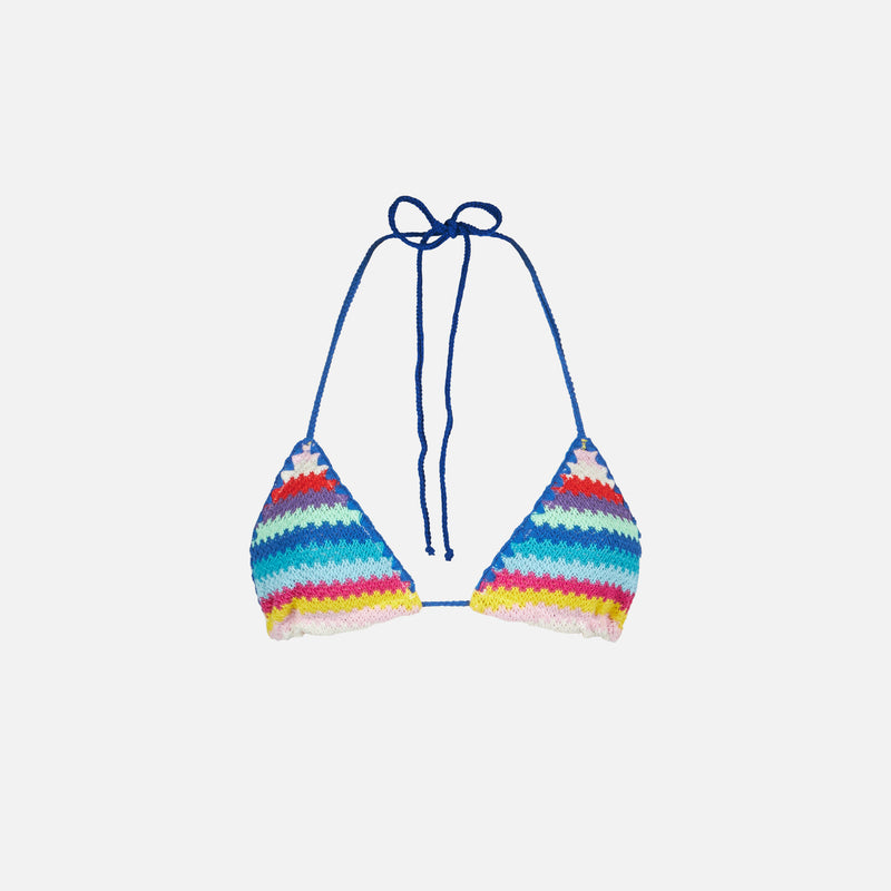 Woman crochet triangle top swimsuit with multicolor stripes