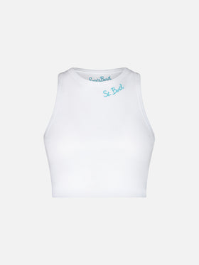 Cotton crop tank top with St. Barth embroidery | MELISSA SATTA SPECIAL EDITION
