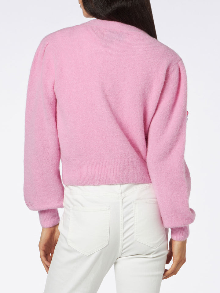 Cardigan crop garzato da donna con maniche a sbuffo