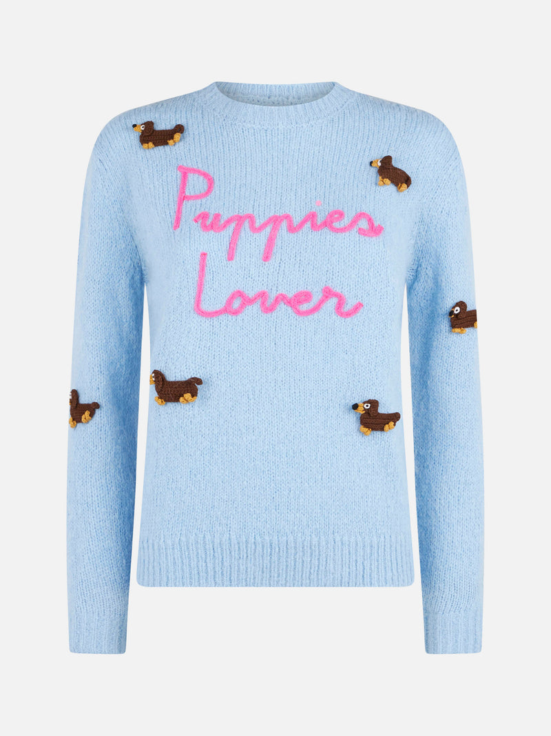 Maglia morbida da donna girocollo con patch cani all'uncinetto e ricamo Puppies Lover