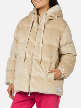 Woman beige corduroy down padded jacket with hoodie