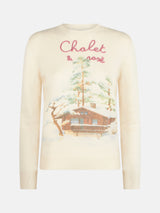 Woman crewneck sweater with Chalet & Rosè embroidery