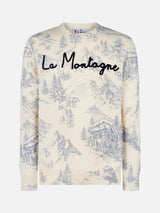 Man crewneck toile de jouy sweater with La Montagne embroidery