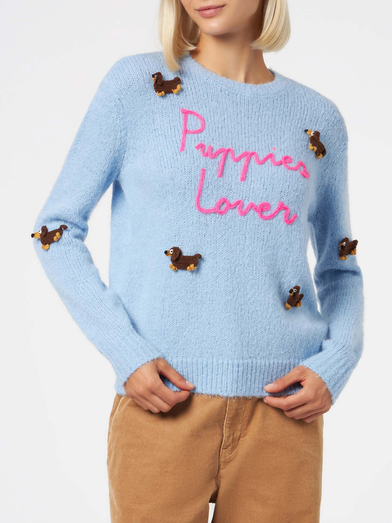 Maglia morbida da donna girocollo con patch cani all'uncinetto e ricamo Puppies Lover