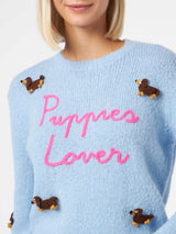 Maglia morbida da donna girocollo con patch cani all'uncinetto e ricamo Puppies Lover