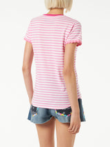 T-shirt in cotone a righe fucsia con ricamo St. Barth