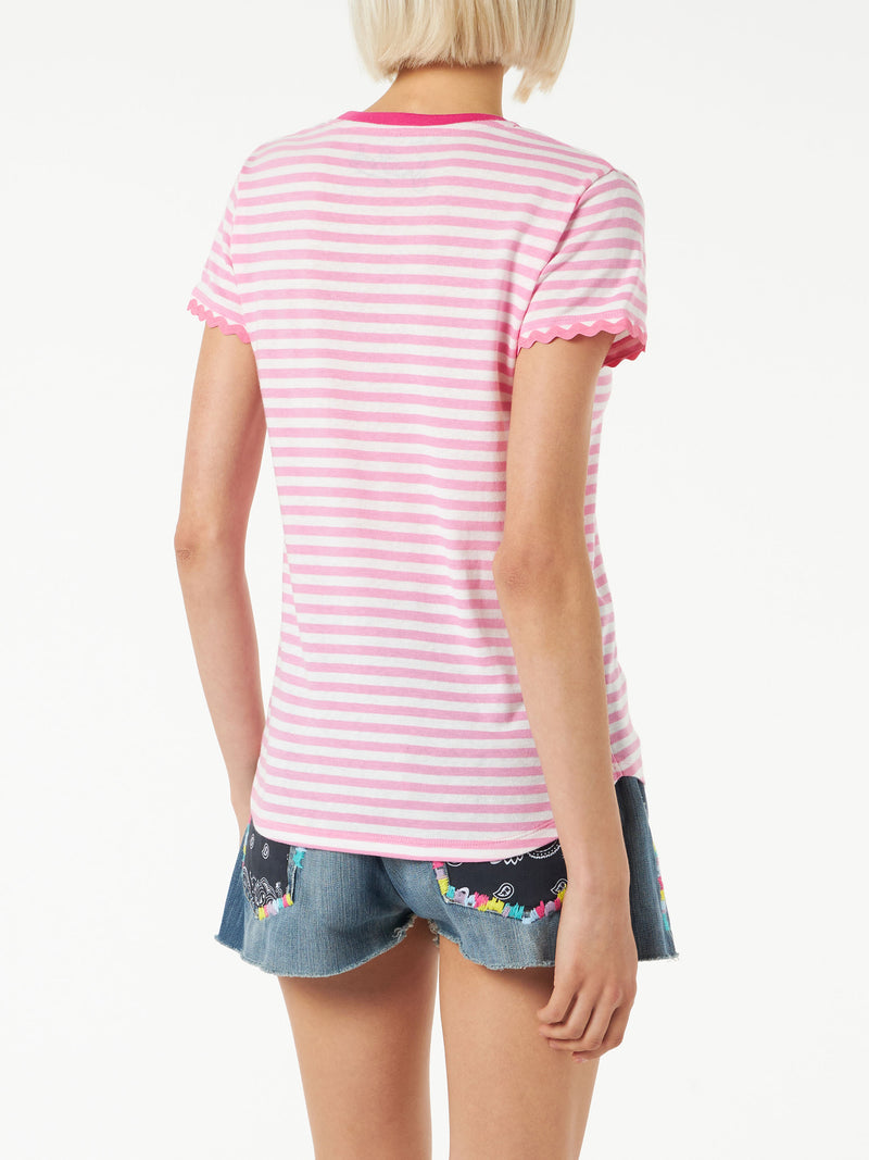 T-shirt in cotone a righe fucsia con ricamo St. Barth