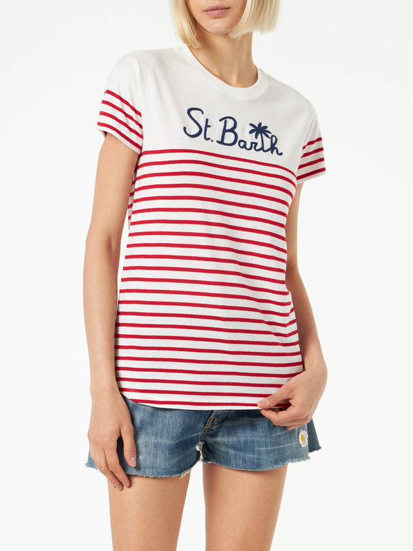 Red striped cotton t-shirt with St. Barth embroidery