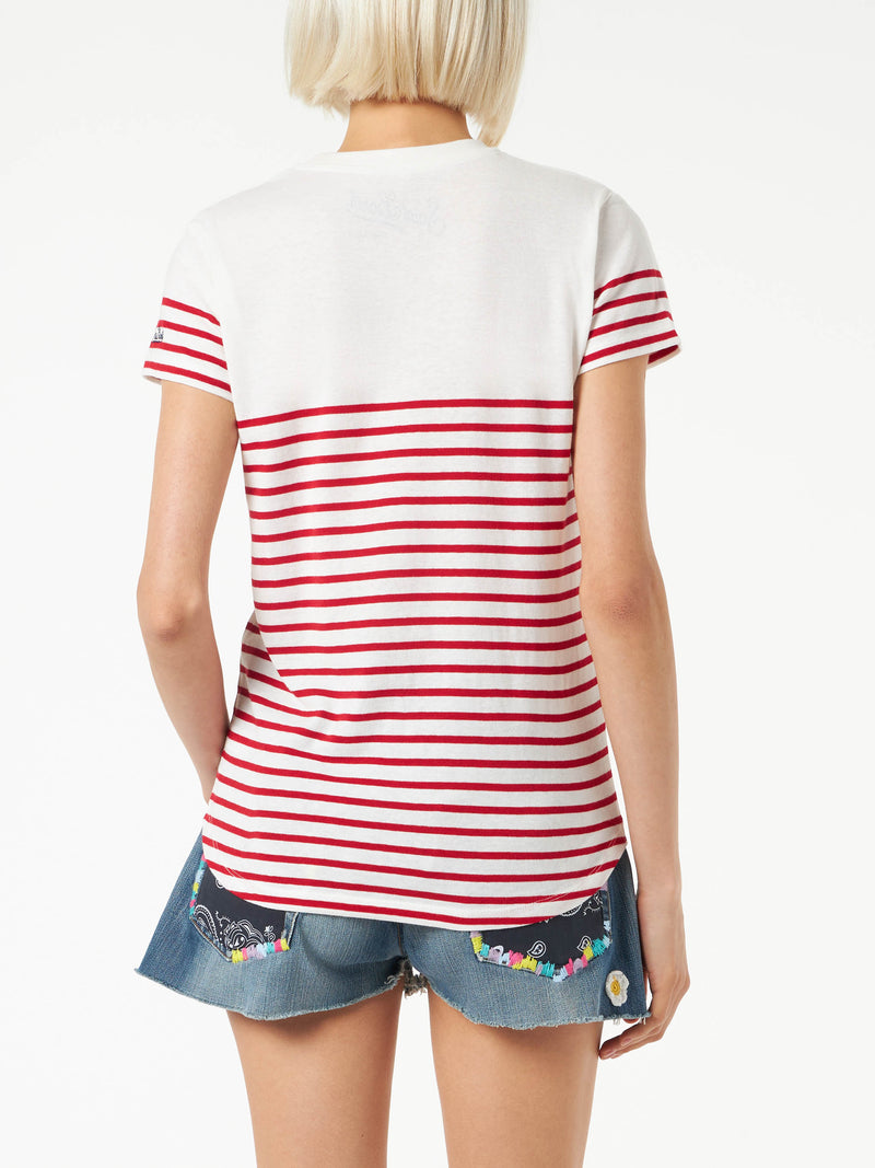 T-shirt in cotone a righe rosse con ricamo St. Barth