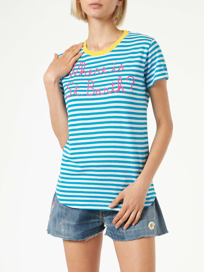 T-shirt in cotone bluette con ricamo Where is St. Barth? 