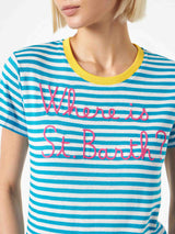 Bluette-Baumwoll-T-Shirt mit der Aufschrift „Wo ist St. Barth?“ Stickerei