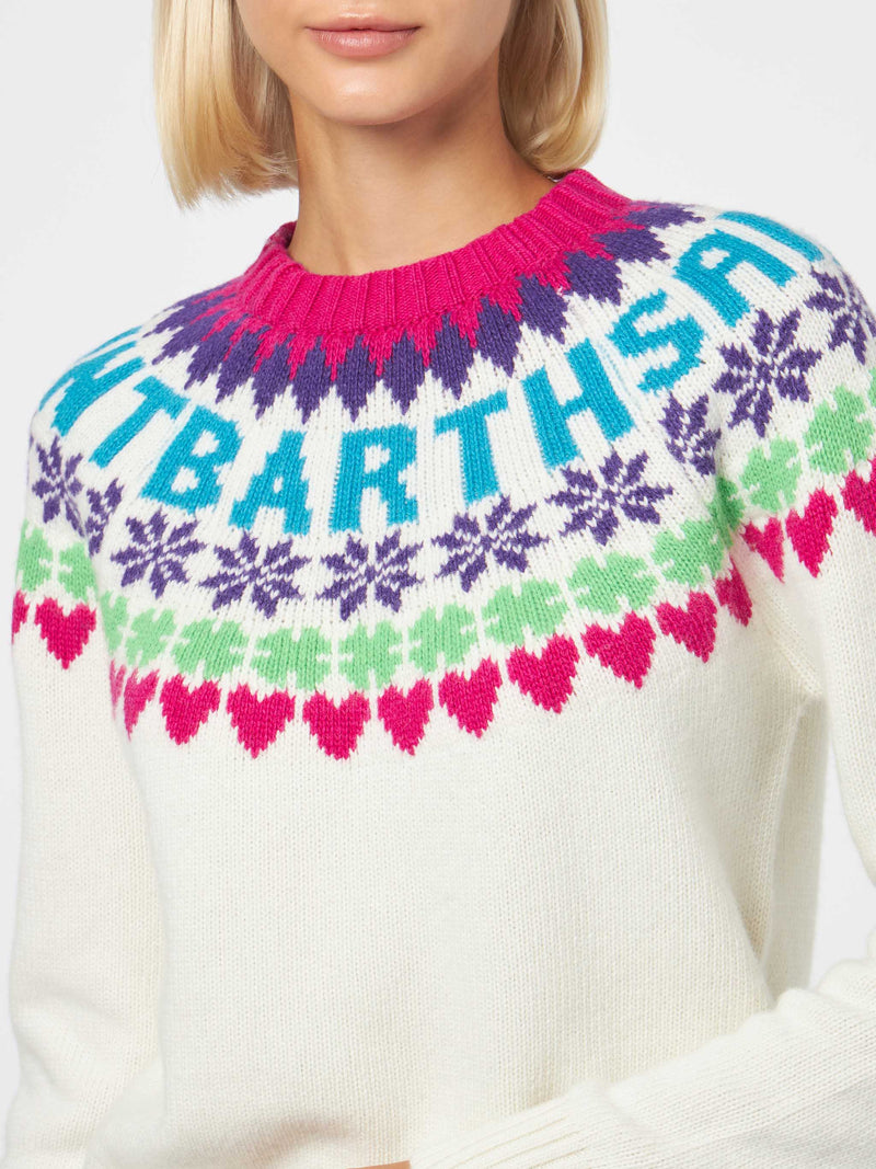 Woman crewneck white sweater with fair isle heart print