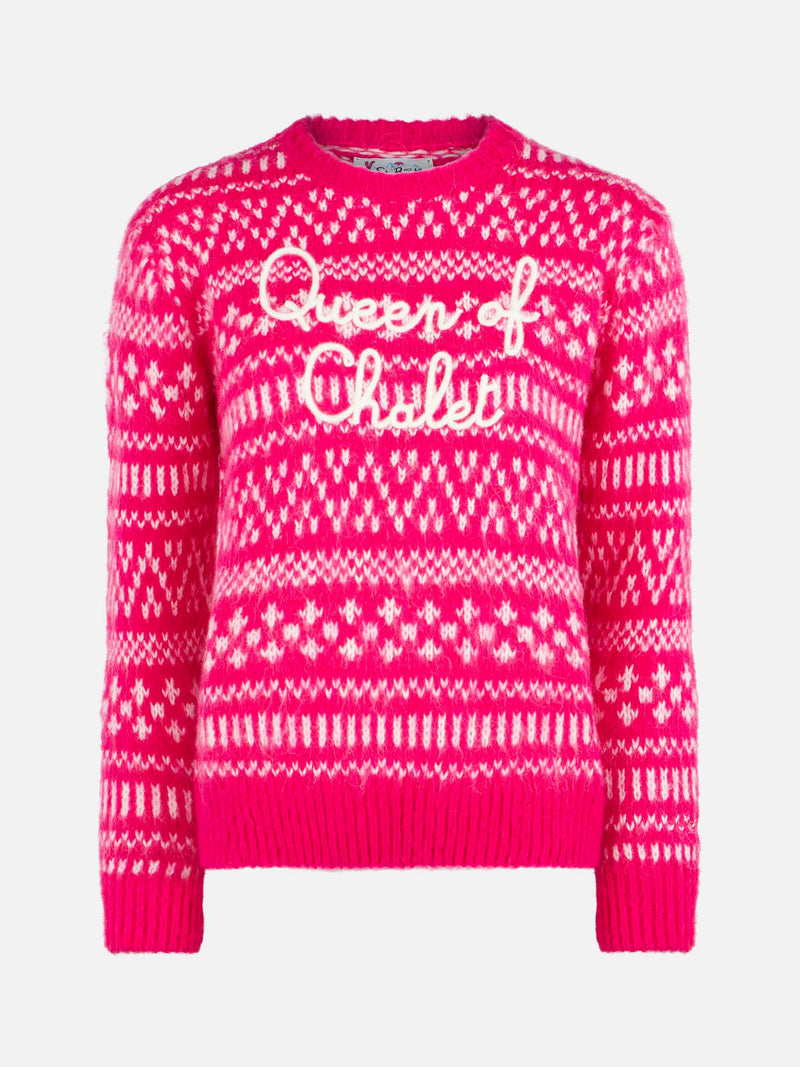 Weicher Damenpullover mit Rundhalsausschnitt, Fair-Isle-Print und Queen of Chalet-Stickerei