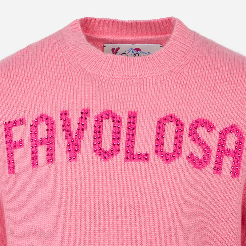 Maglia da bambina girocollo rosa con stampa strass Favolosa