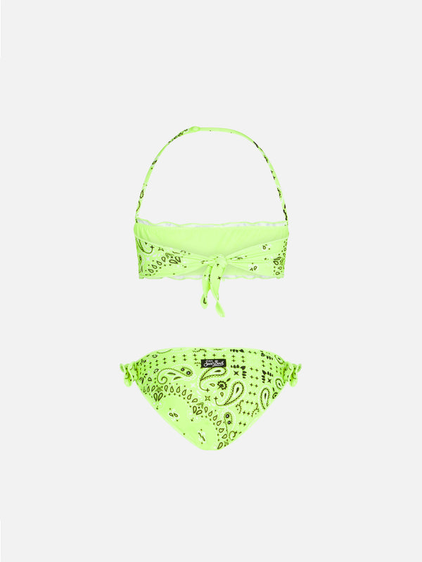 Mädchen-Bandeau-Bikini mit neongelbem Bandana-Print