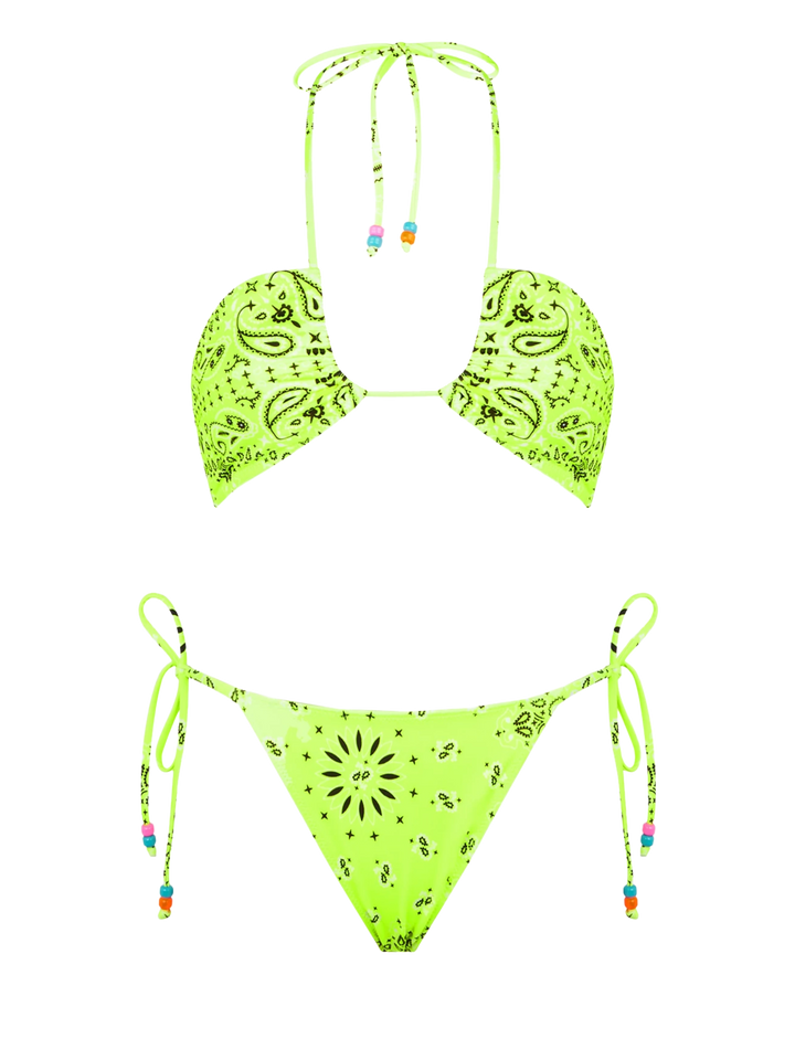 Woman bandeau bikini with bandanna print and charms