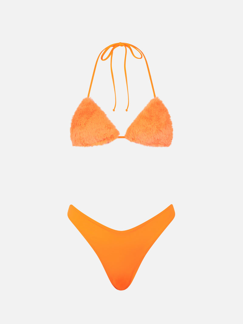 Woman fluo orange triangle bikini