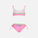 Girl bralette bikini with white and fuchsia Vichy pattern