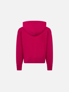 Maglione fucsia corto da bambina con cappuccio e strass